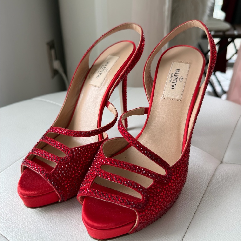 VALENTINO Ruby Red Crystal Encrusted Platform Sling Heel Sandal Stilettos 38